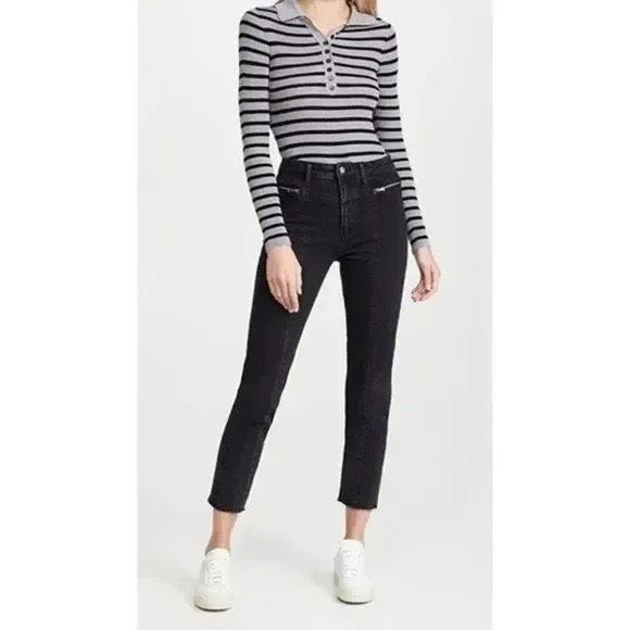 PAIGE Sarah Slim Leg High Rise Ankle Jean Zip Pockets Raw Hem Virgo Black 27 - Picture 9 of 9